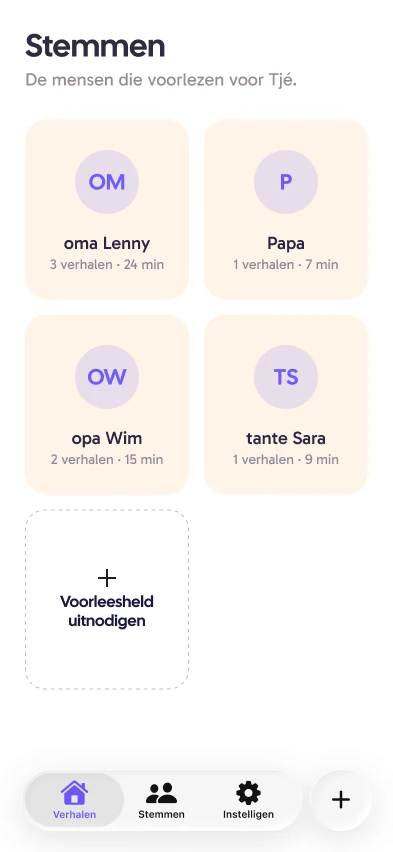 Heare Stemmen-scherm met oma, opa, papa en tante