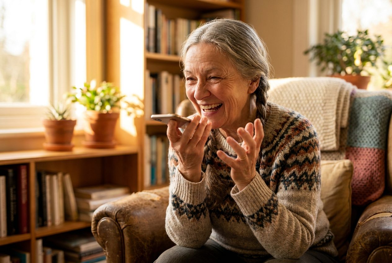 Oma spreekt lachend een verhaal in op haar telefoon.