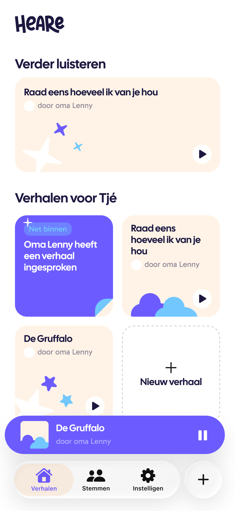 Heare startscherm met de verhalen van een kind